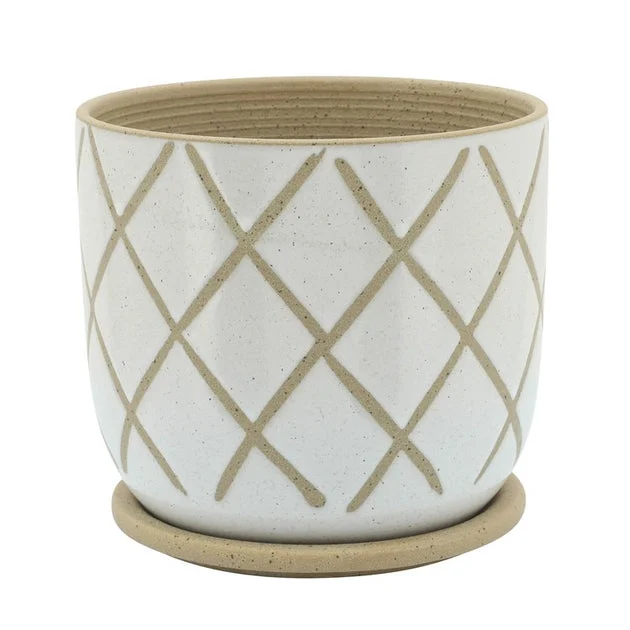 7" Cross Ceramic Planter with Saucer - White