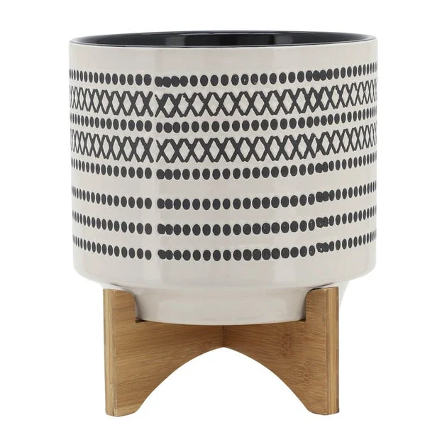 10" Aztec Ceramic Planter with Wood Stand - Gray