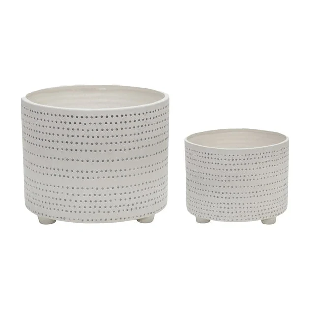 10"/12" Dotted Lines Ceramic Footed Planters Set of 2 - Ivory