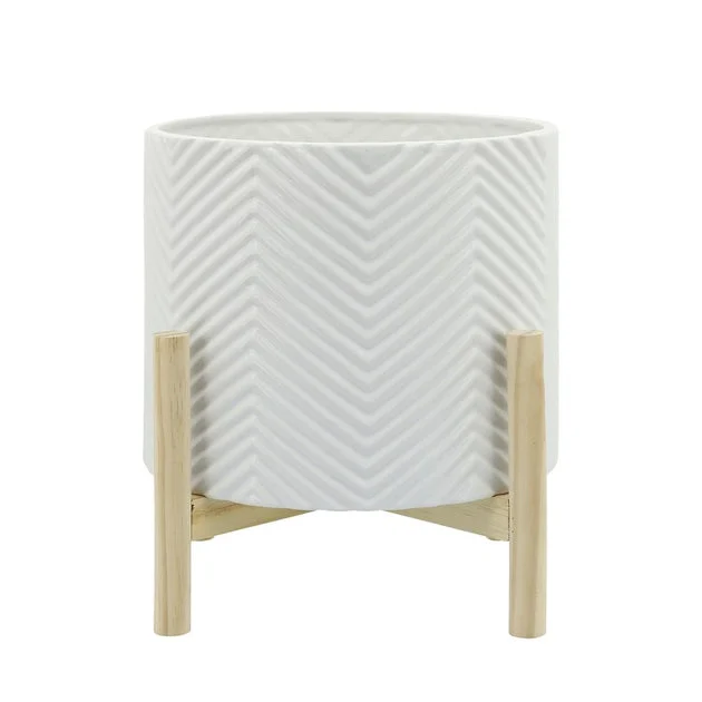 10" Chevron Ridges Ceramic Planter with Wood Stand - White