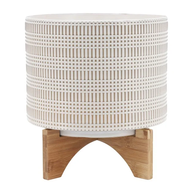 8" Tribal Lines and Xs Ceramic Planter with Wood Stand - Black