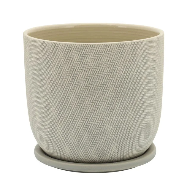7" Crosshatch Mesh Ceramic Planter with Saucer - Sage