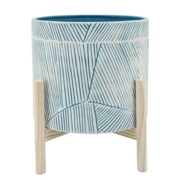 10" Abstract Lines Ceramic Planter with Wood Stand - Light Blue
