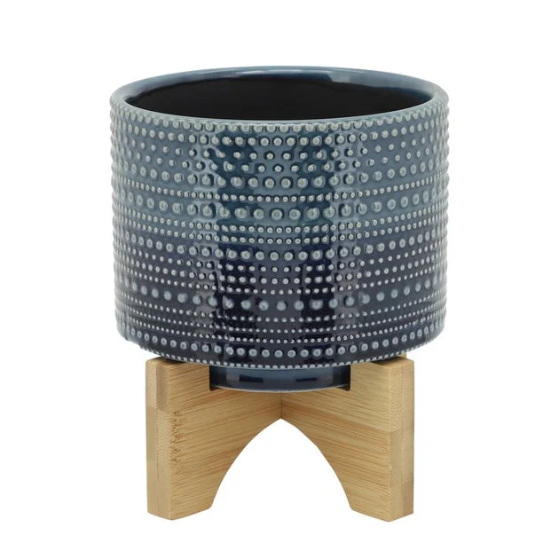 5" Dotted Ceramic Planter with Wood Stand - Blue