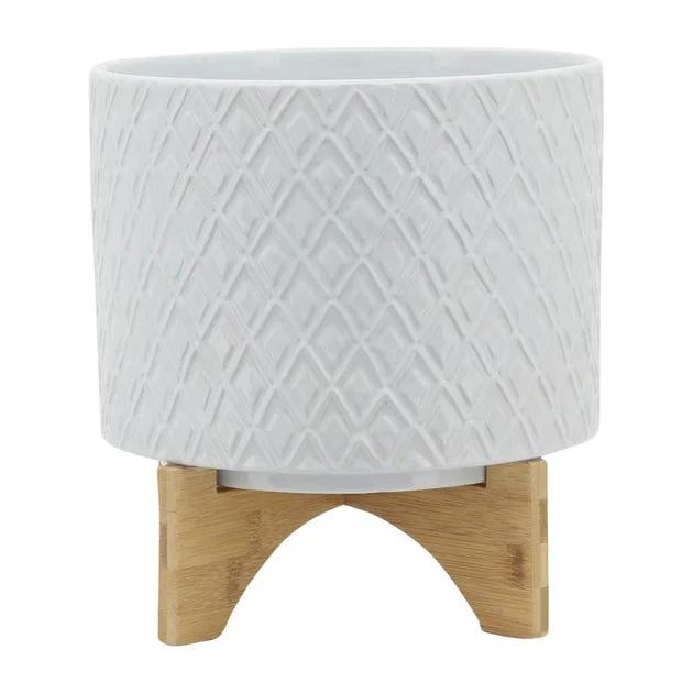 11" Diamond Ceramic Planter with Wood Stand - White