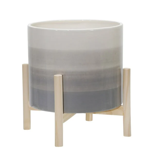 10" Tonal Stripes Ceramic Planter with Wood Stand - Beige Mix