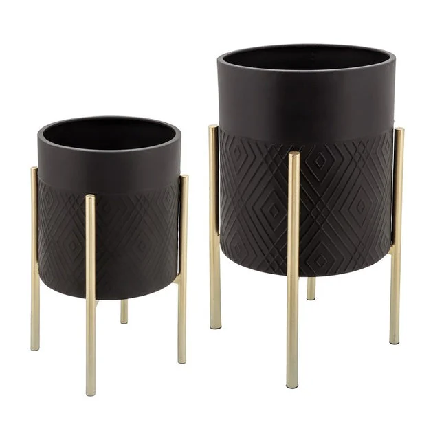 Diamond Planter on Metal Stands Set of 2 - Black/Gold