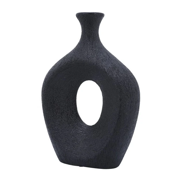 13" Beaded Cut-Out Oval Ceramic Vase - Black
