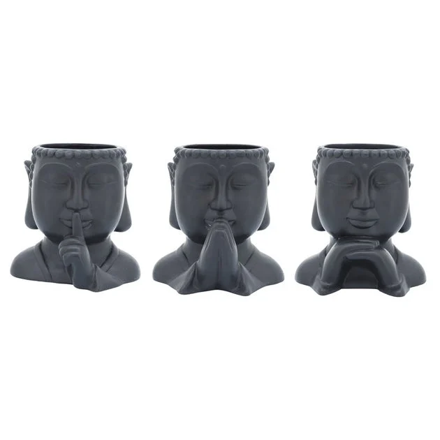 7" Ceramic Buddha Head Planters Set of 3 - Black