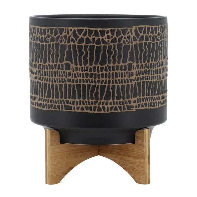 12" Glazed Ceramic Planter with Stand - Black