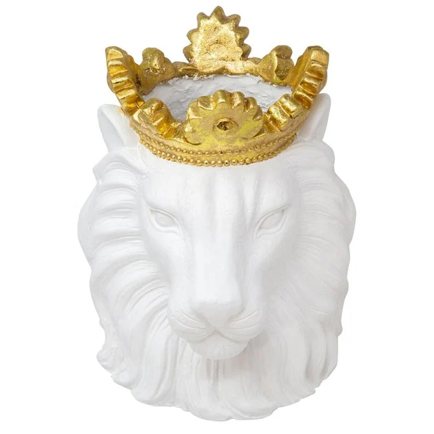 9" Polyresin Lion Head Planter with Crown - White