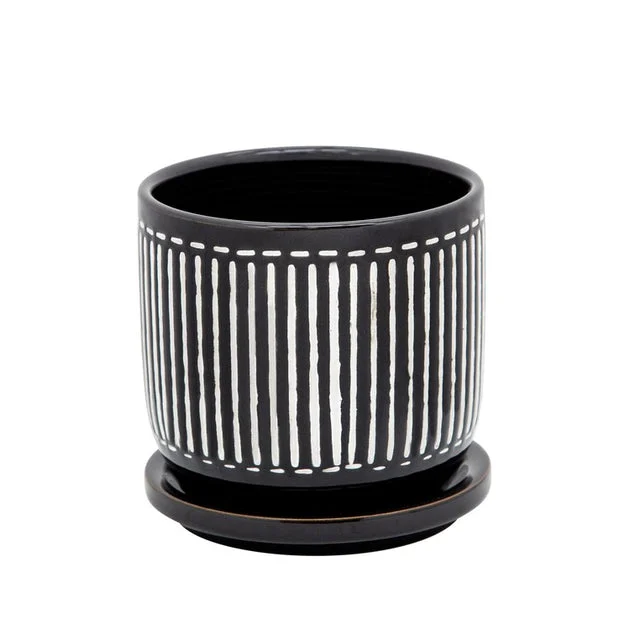 5" Vertical Lines Ceramic Planter with Saucer - Black