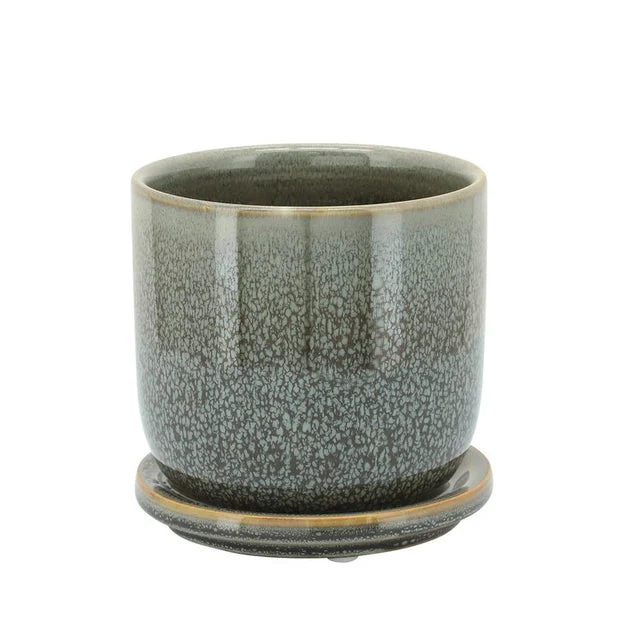 5" Speckled Ceramic Planter with Saucer - Moss Green