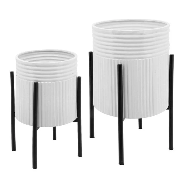 Dunes Planters on Metal Stands Set of 2 - White/Black