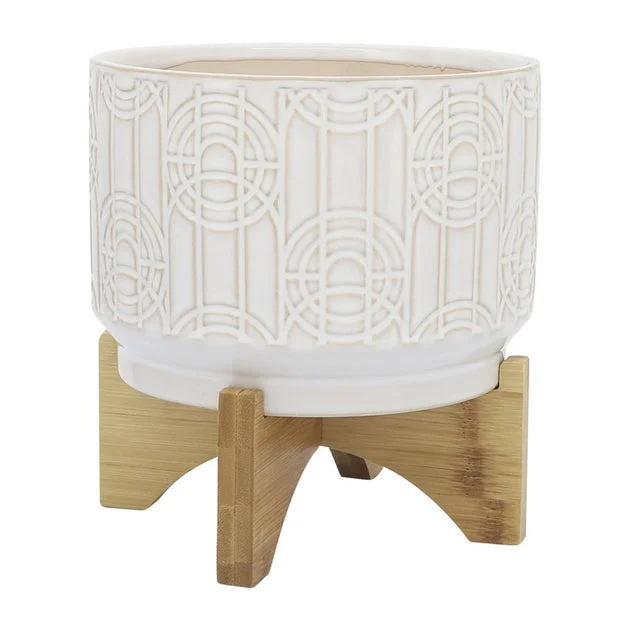 7" Circles and Arches Ceramic Planter on Wood Stand - White