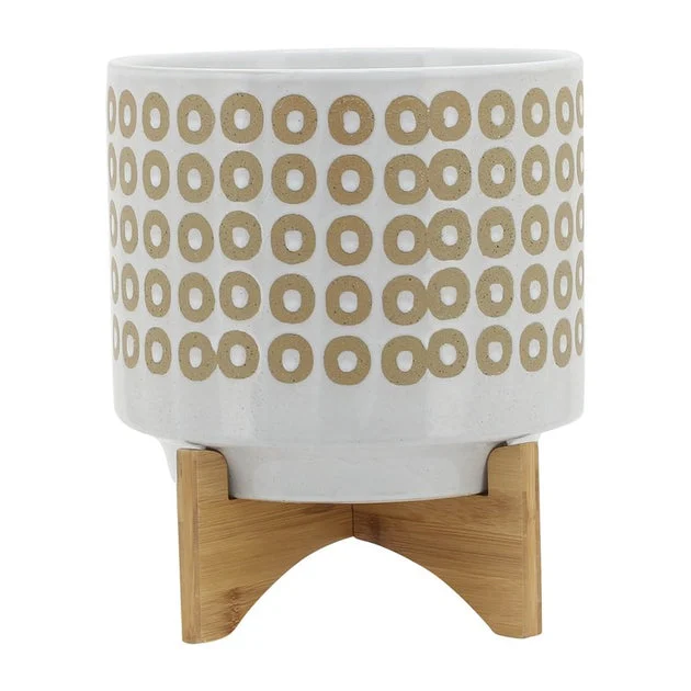 12" Circles Ceramic Planter with Stand - White