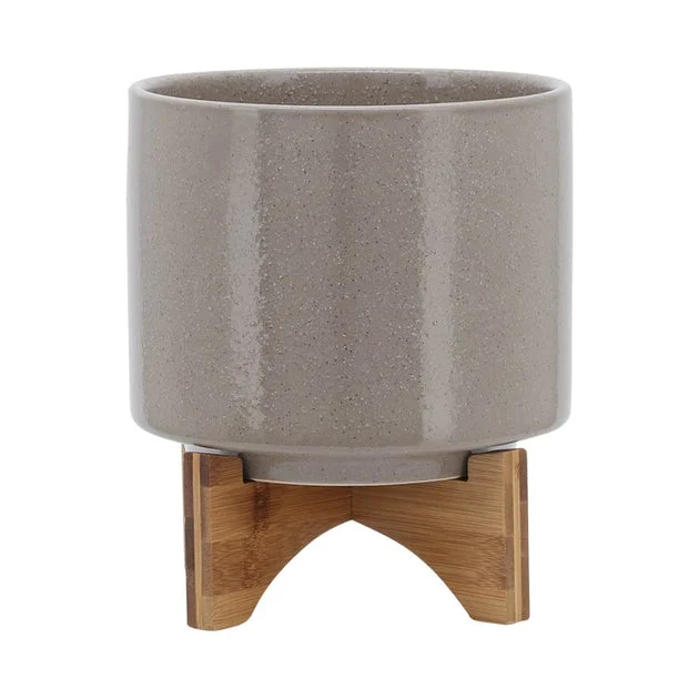 8" Speckled Ceramic Planter with Wood Stand - Beige