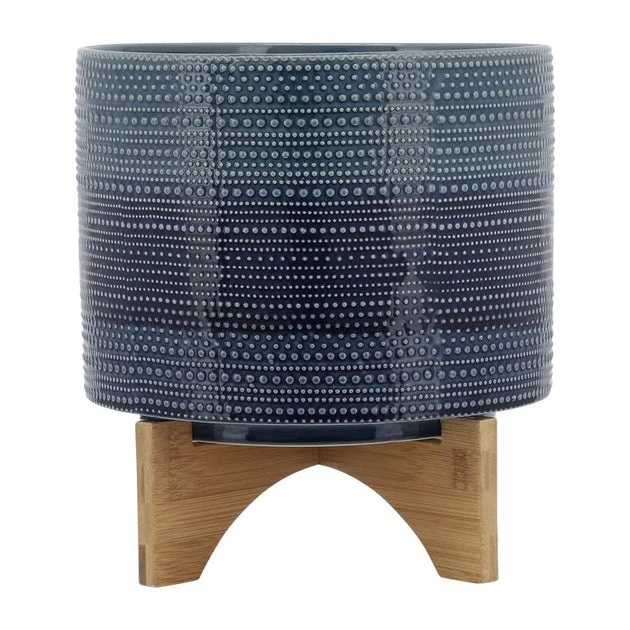 8" Dotted Ceramic Planter with Wood Stand - Blue
