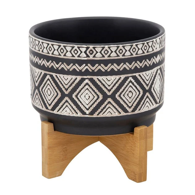 8" Diamond Pattern Ceramic Planter on Wood Stand - Black