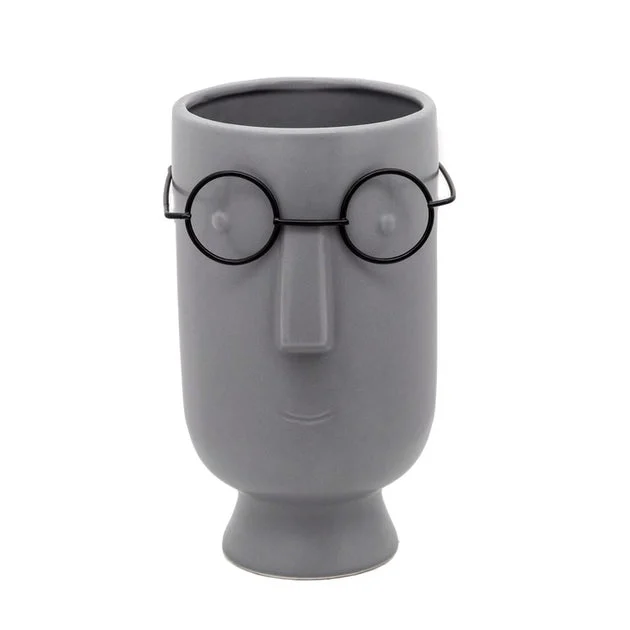 9" Face with Glasses Ceramic Vase - Gray