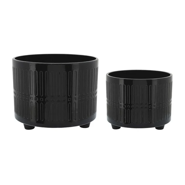 10"/12" Lines and Dots Footed Ceramic Planters Set of 2 - Black