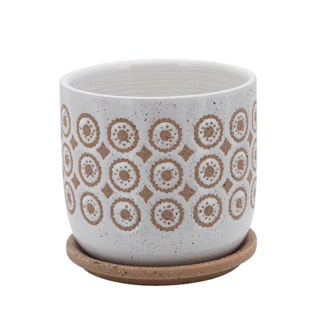 6" Swirly Circles Ceramic Planter with Saucer - Beige
