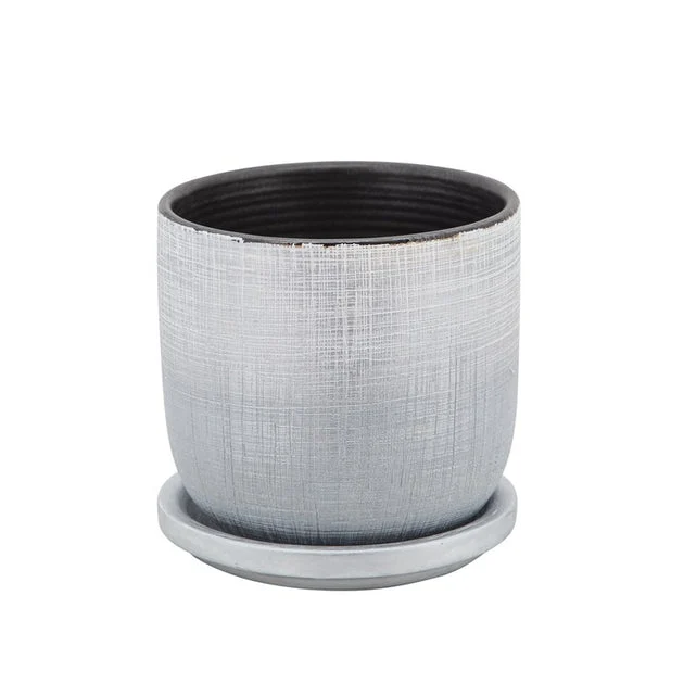 5" Textured Ceramic Planter with Saucer - Silver