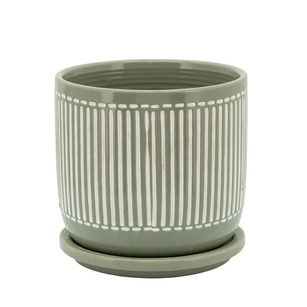 6" Vertical Lines Ceramic Planter with Saucer - Gray