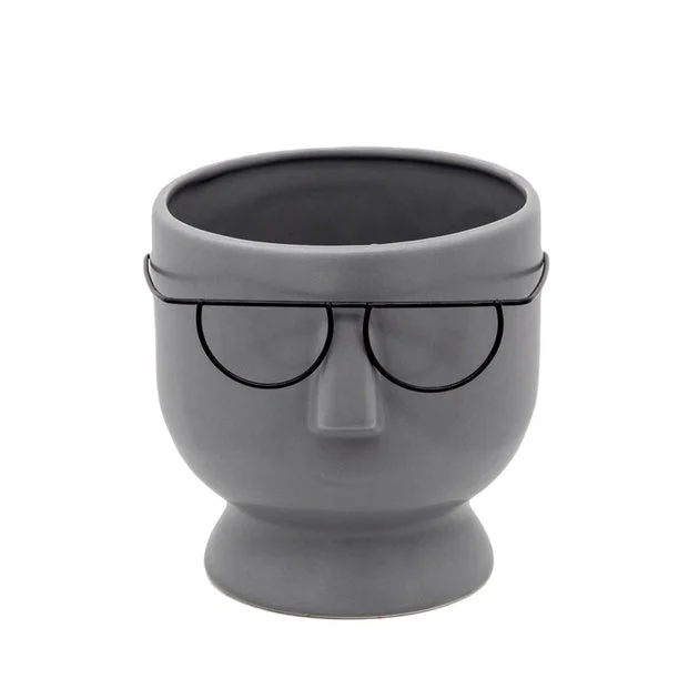 6" Face with Glasses Ceramic Planter - Gray