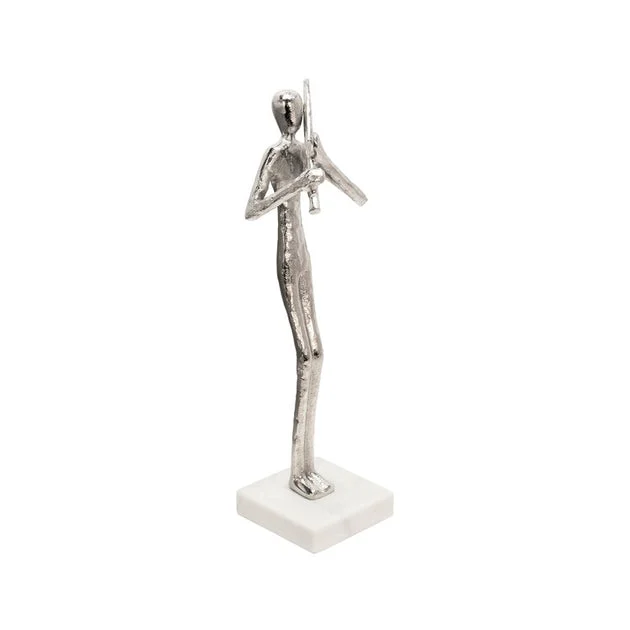 15" Flute Musician Sculpture on Marble Base - Silver