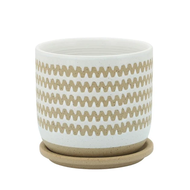 6" Zig-Zag Ceramic Planter with Saucer - White