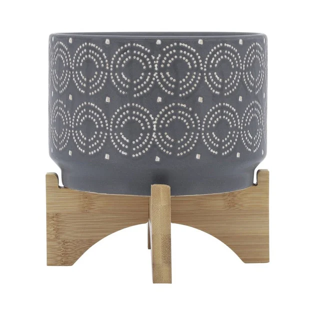 8" Dotted Swirls Ceramic Planter on Wood Stand - Gray