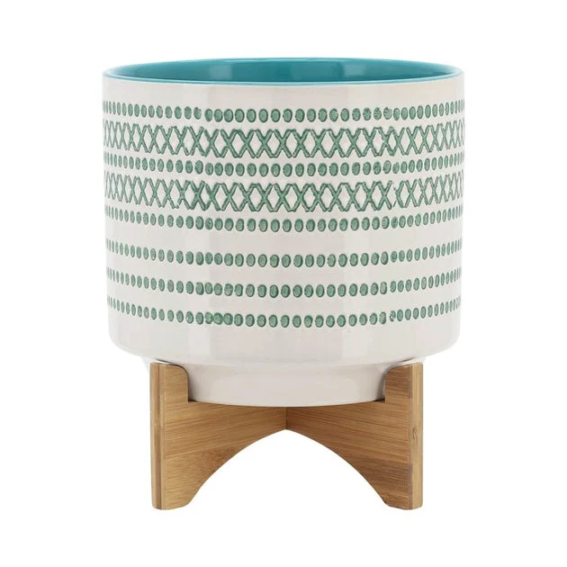12" Dotted Ceramic Planter on Wood Stand - Turquoise