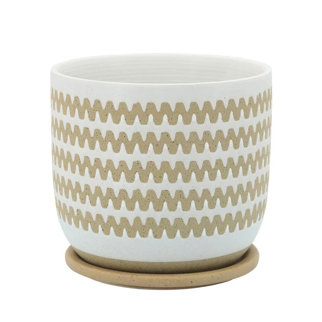 7" Zig-Zag Ceramic Planter with Saucer - White