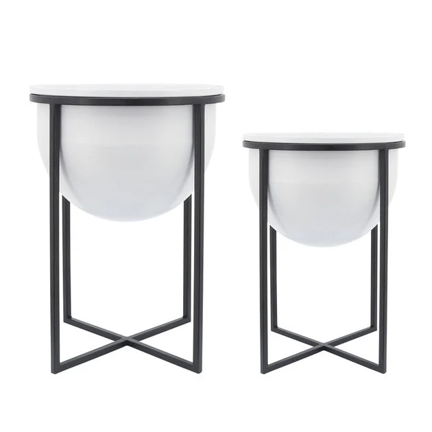 11"/12" Metal Planters with Stands Set of 2 - White/Black