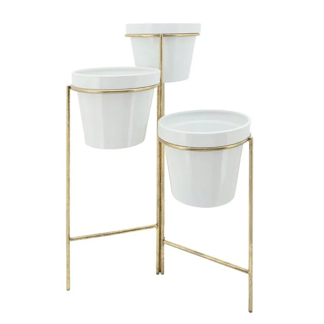 32" Metal Three-Tiered Planter with Stand - White
