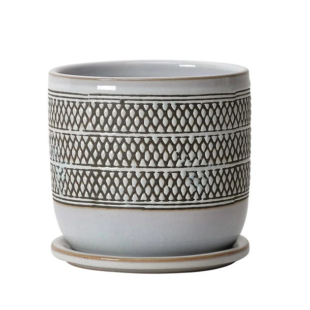 6" Diamond Ceramic Planter with Saucer - Brown