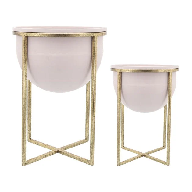 11"/12" Metal Planters with Stands Set of 2 - Pink/Gold