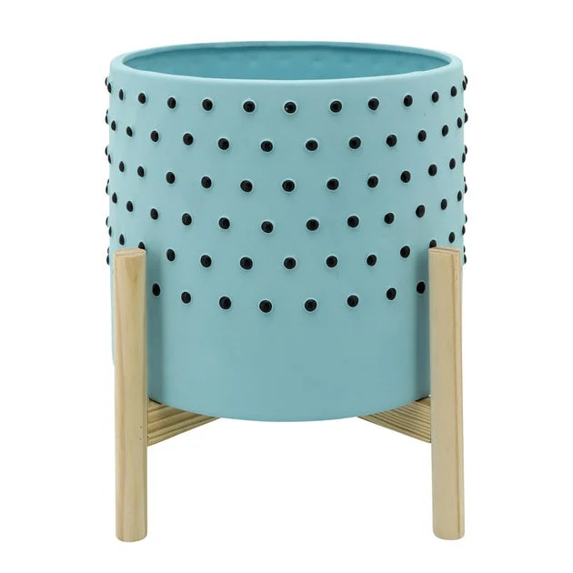 10" Polka Dots Ceramic Planter with Wood Stand - Blue