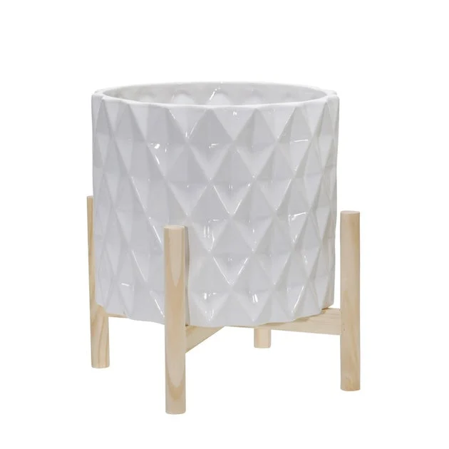 10" Diamond Grid Ceramic Planter with Wood Stand - White