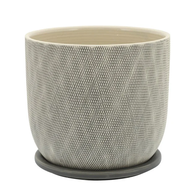 7" Crosshatch Mesh Ceramic Planter with Saucer - Gray