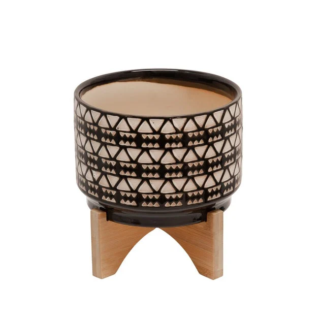 7" Abstract Ceramic Planter with Wooden Stand - Black/White