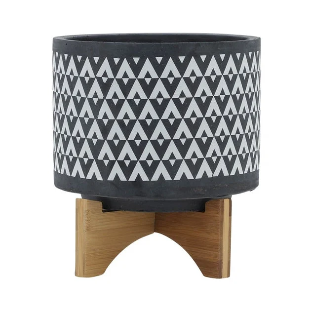 8" Aztec Ceramic Planter on Wooden Stand - Gray