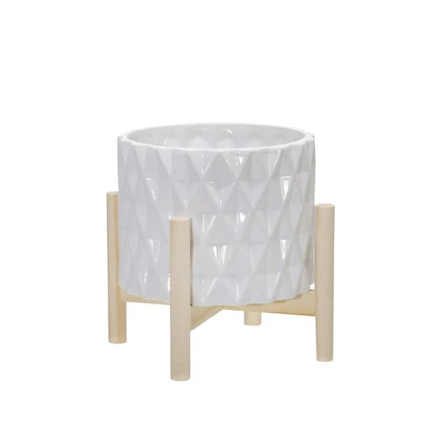 8" Diamond Grid Ceramic Planter with Wood Stand - White