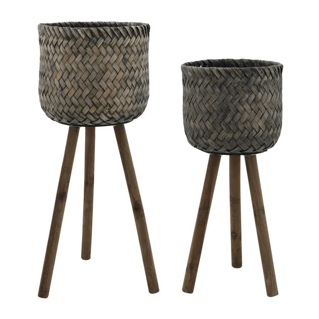 Herringbone Weave Bamboo Planters on Stands Set of 2 - Brown