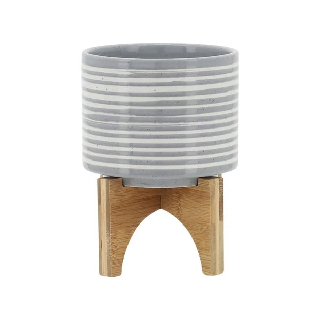 7" Brushed Stripes Ceramic Planter on Wood Stand - Gray