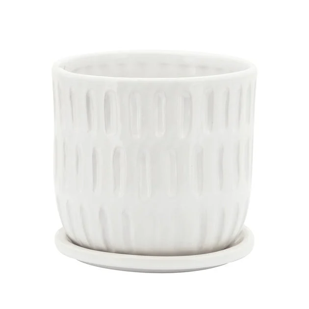 6" Textured Ceramic Planter with Saucer - Beige