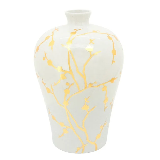 15" Ceramic Vase with Gold Branch Pattern - White