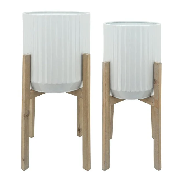 Ridged Ceramic Planters in Wood Stands Set of 2 - White