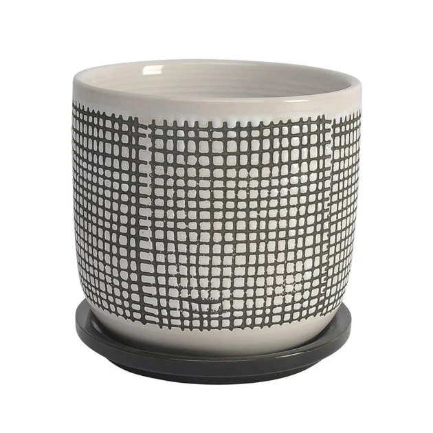 6" Mesh Design Ceramic Planter with Saucer - Gray